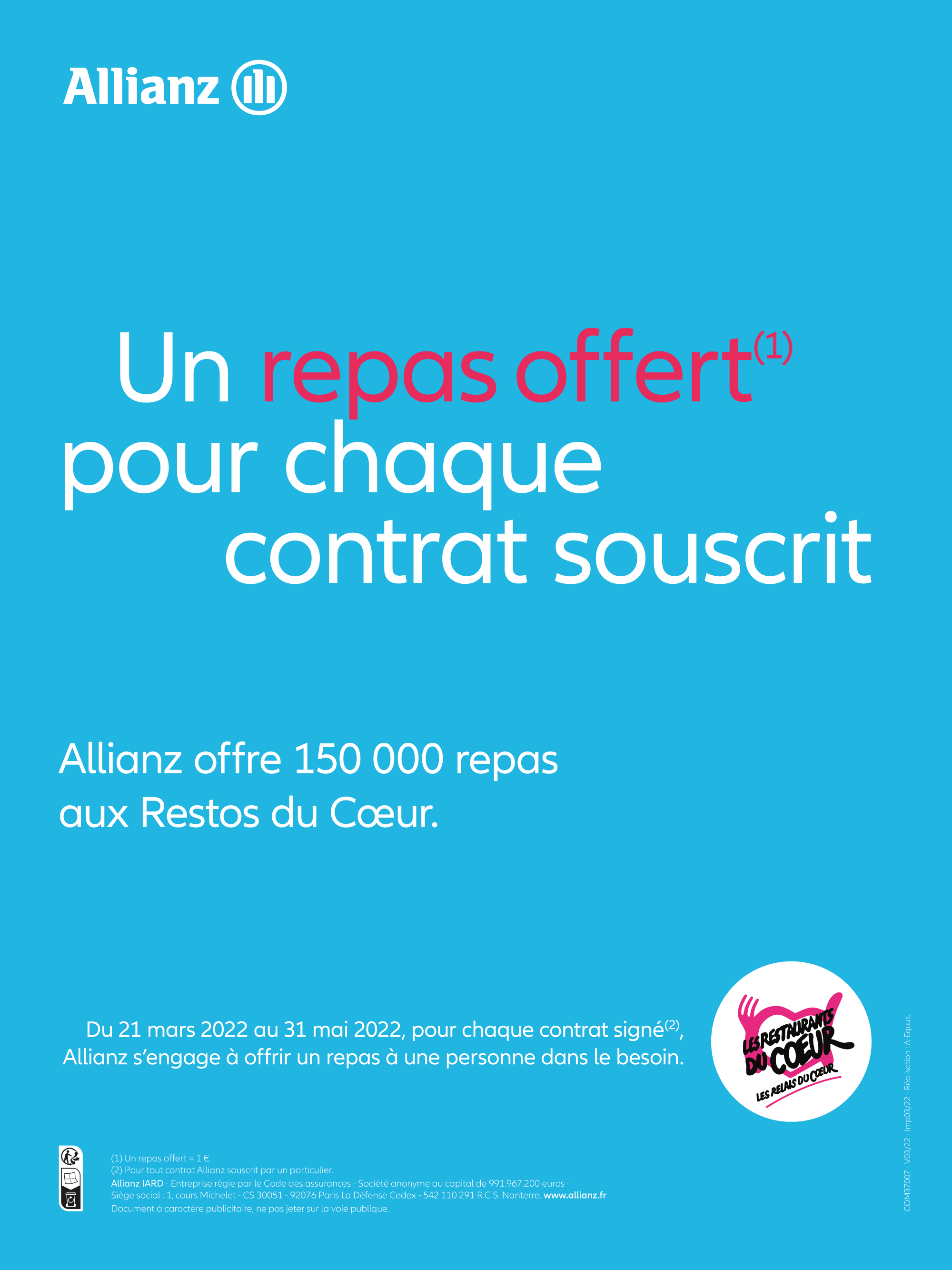 Allianz France poursuit son engagement aux côtés des Restos du Cœur, avec l’opération « Un repas offert pour chaque contrat souscrit »